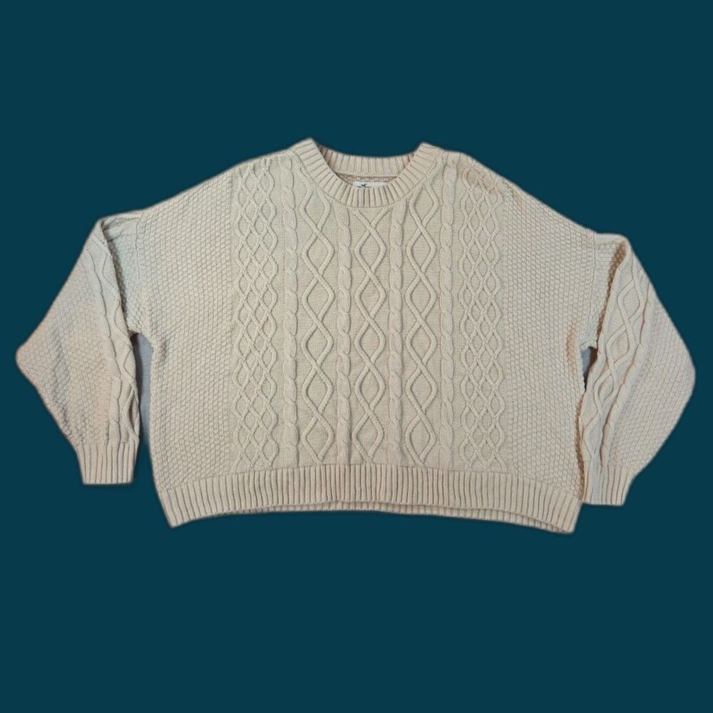 Hollister Women's XL Cream Cable Knit Sweater Chunky Knit Pullover Cozy Preppy